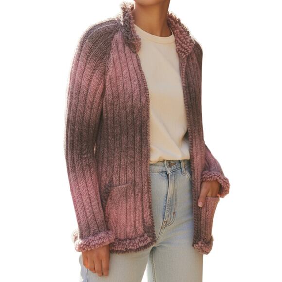 Vintage Huinay Wool Zip Sweater Pink Ombre Fringe Hem Ecuadorian Knit Sz Medium - Picture 1 of 16